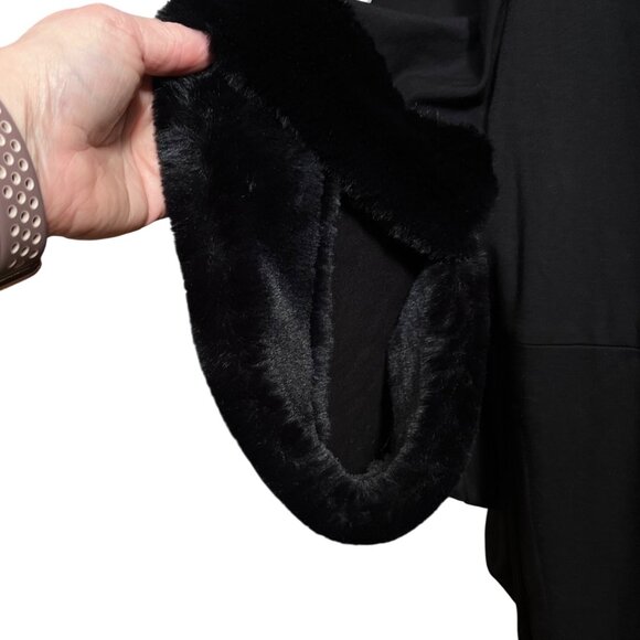 Capote Black Knit Faux Fur Collar Cuff Jersey Lightweight Coat Maximalist Medium - Picture 3 of 10